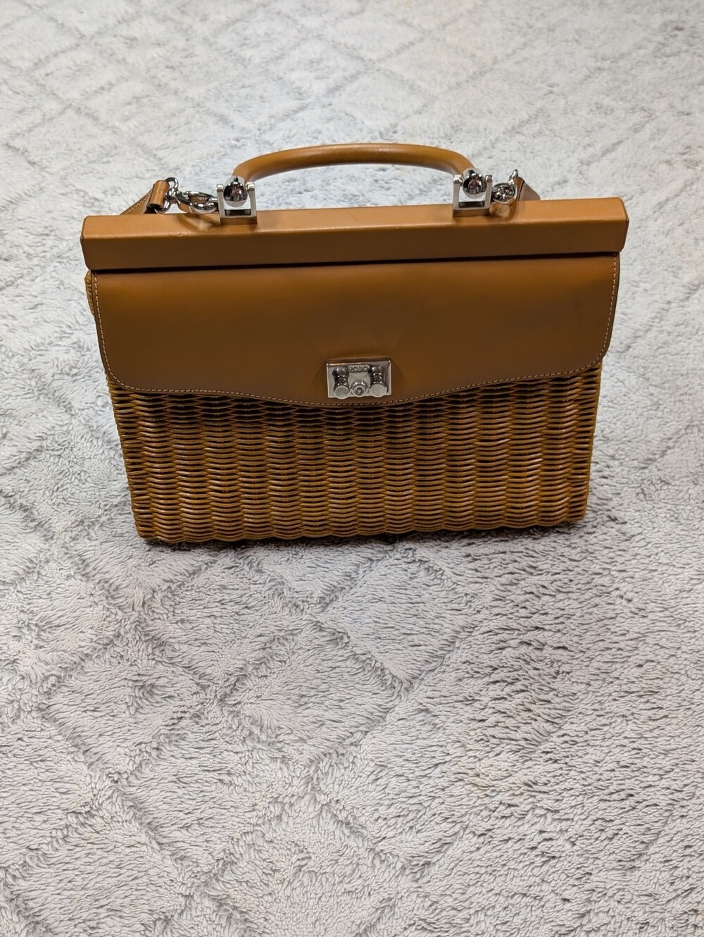 Rodo Paris Purse Womens Beige Medium Tan Wicker Leather Shoulder Tote Bag